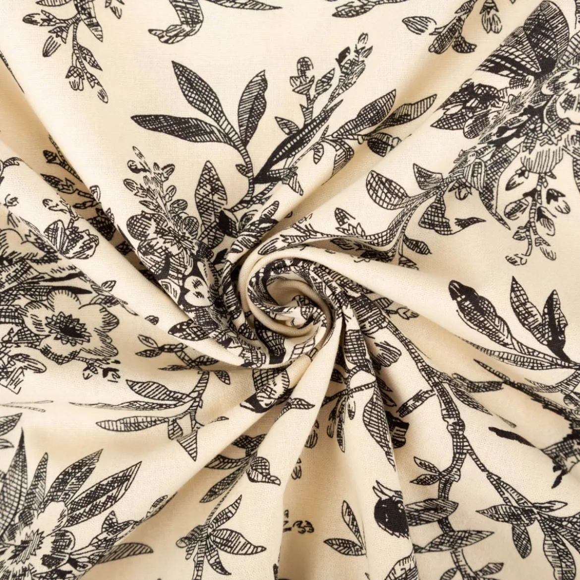 Baumwollstoff Popeline Stoff Vögel und Blumen Serie Romantic Garden Schwarz 1,40m Breite