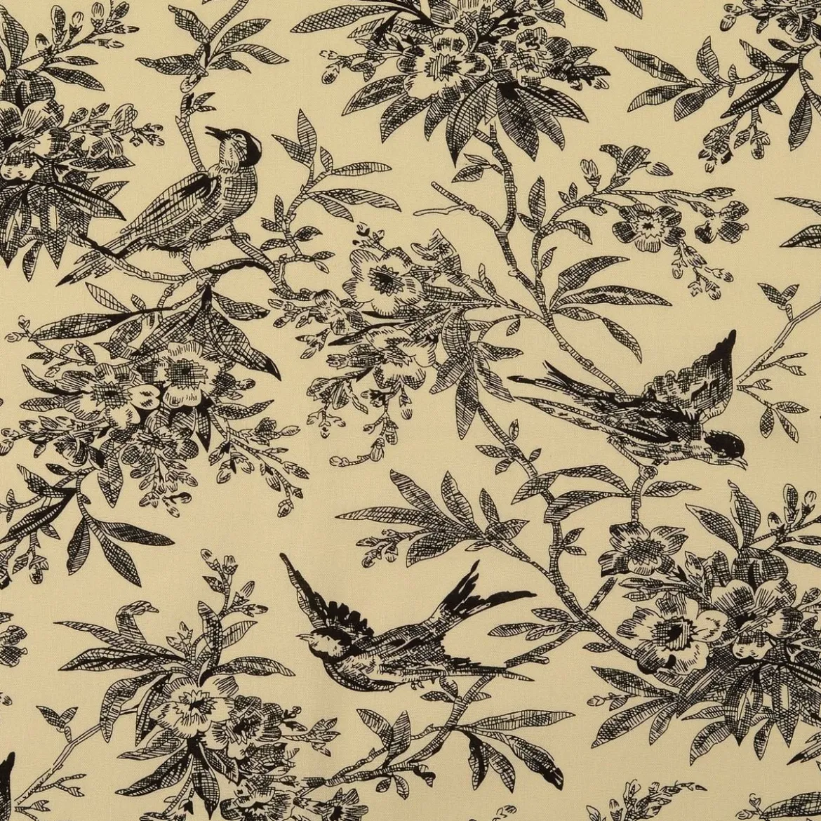 Baumwollstoff Popeline Stoff Vögel und Blumen Serie Romantic Garden Schwarz 1,40m Breite
