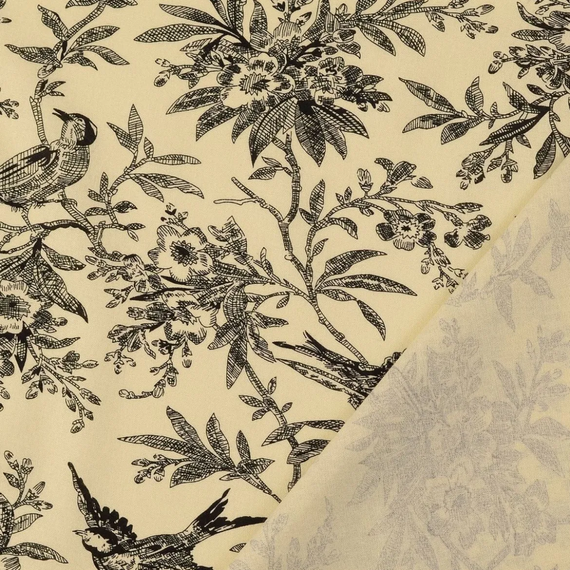 Baumwollstoff Popeline Stoff Vögel und Blumen Serie Romantic Garden Schwarz 1,40m Breite