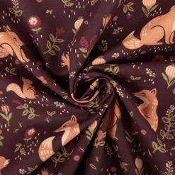 Baumwollstoff Popeline Sylvana Waldtiere Blumen aubergine grün 1,50m Breite