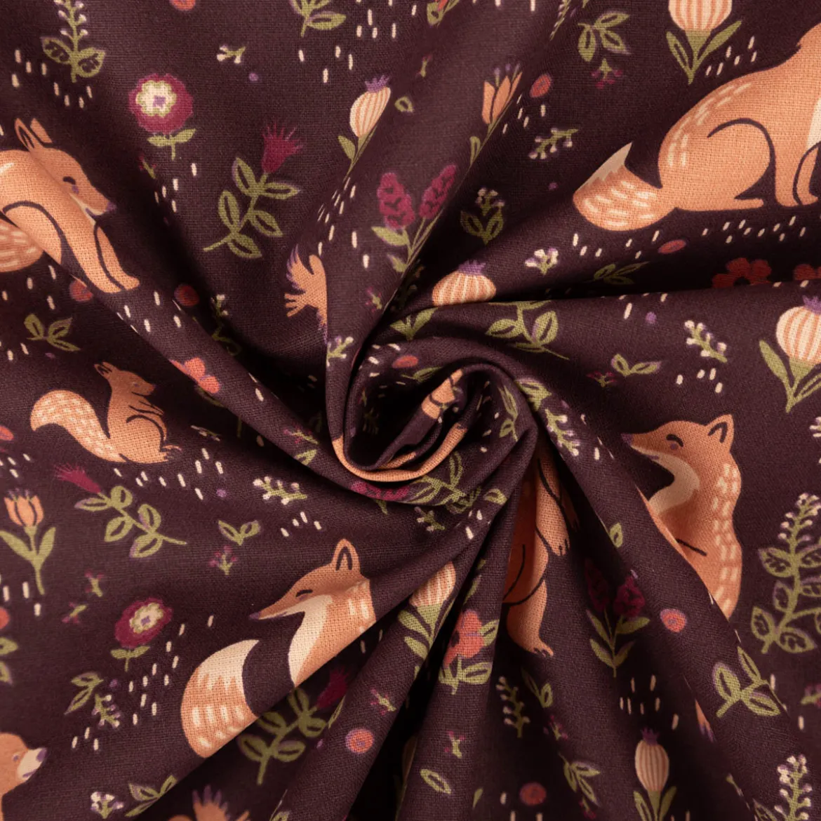 Baumwollstoff Popeline Sylvana Waldtiere Blumen aubergine grün 1,50m Breite