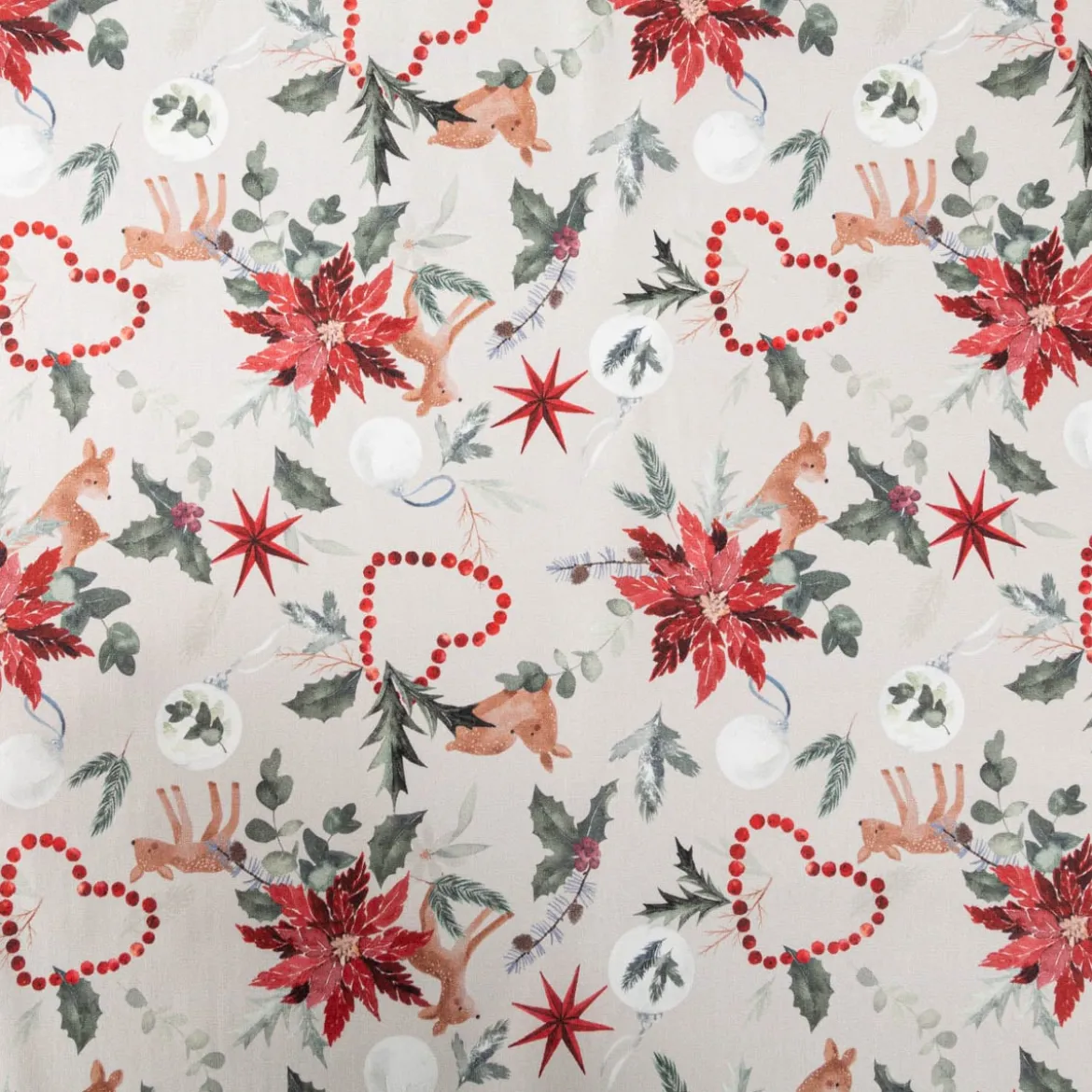 Baumwollstoff Popeline Weihnachtsstoff Digitaldruck Norten Rehkitz beige rot 1,47m Breite