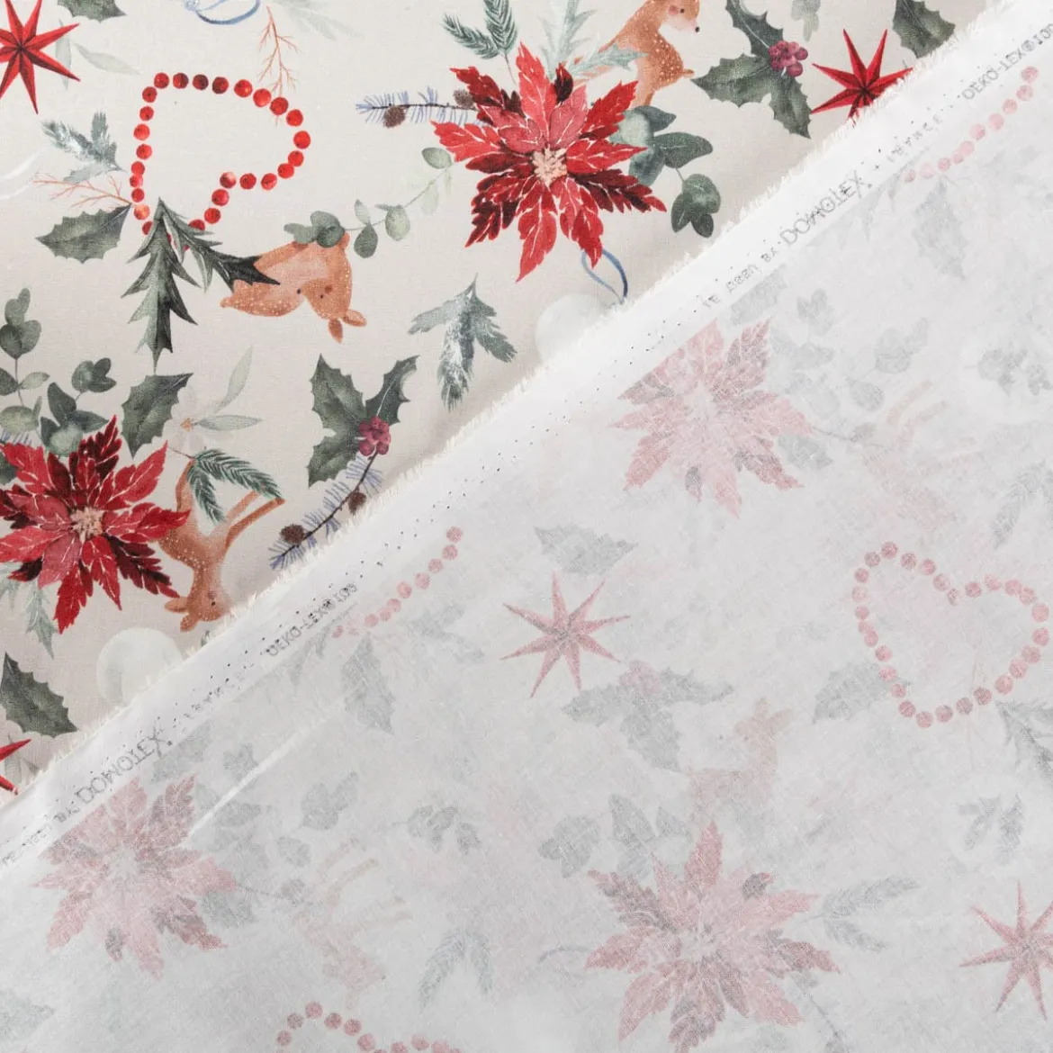 Baumwollstoff Popeline Weihnachtsstoff Digitaldruck Norten Rehkitz beige rot 1,47m Breite