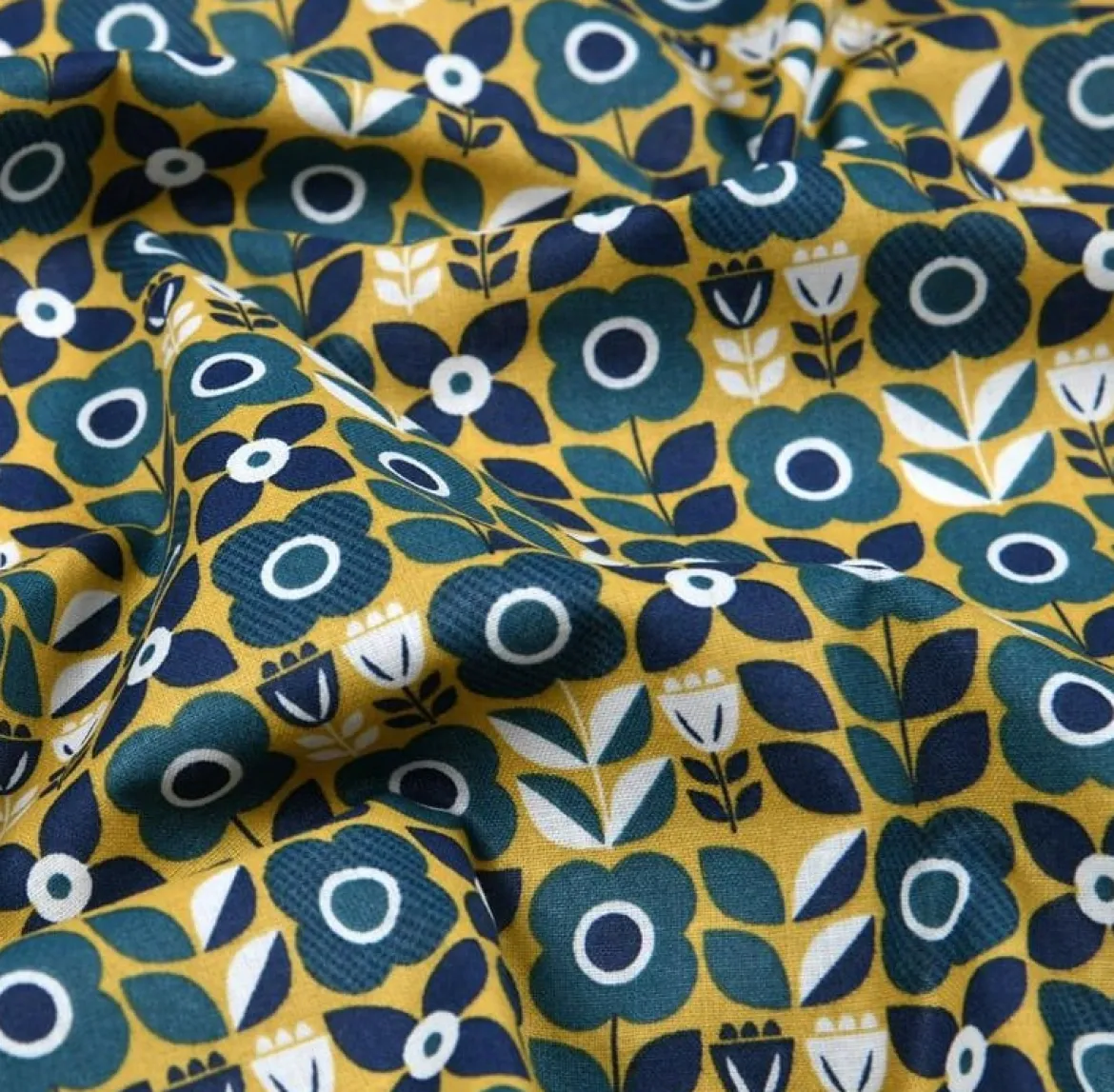 Baumwollstoff Retro Blumen gelb blau 1,40m Breite