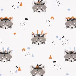 Baumwollstoff ROCKET Waschbär Kopf Boho Federn weiß grau blau braun 1,5m Breite