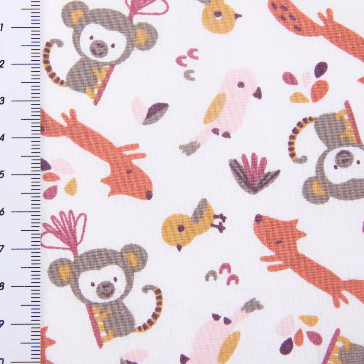 Baumwollstoff SAFIKO Affe Eichhörnchen Papagei Vogel weiß grau rost rosa 1,5m Breite
