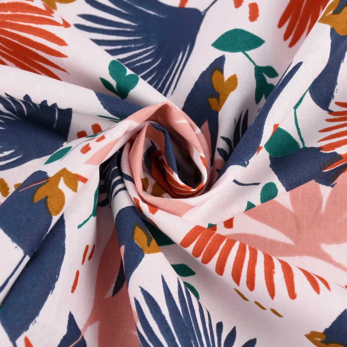 Baumwollstoff SAORI Blätter Palmenwedel weiß blau orange rosa 1,50m Breite