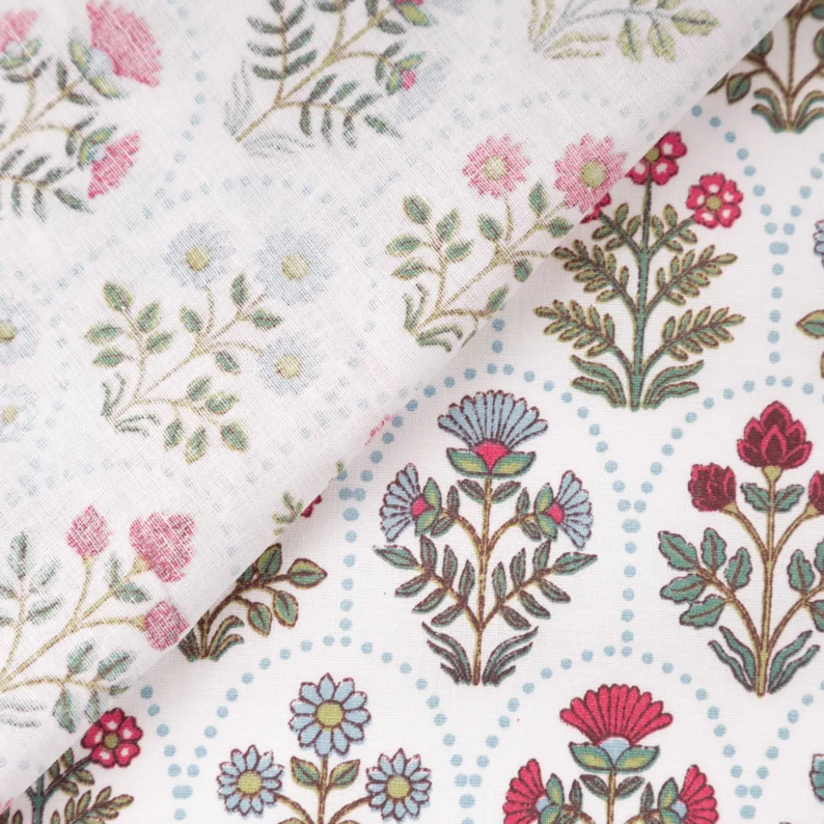 Baumwollstoff Saphir Blumen Wellenmuster weiß grün rot blau 1,40m Breite