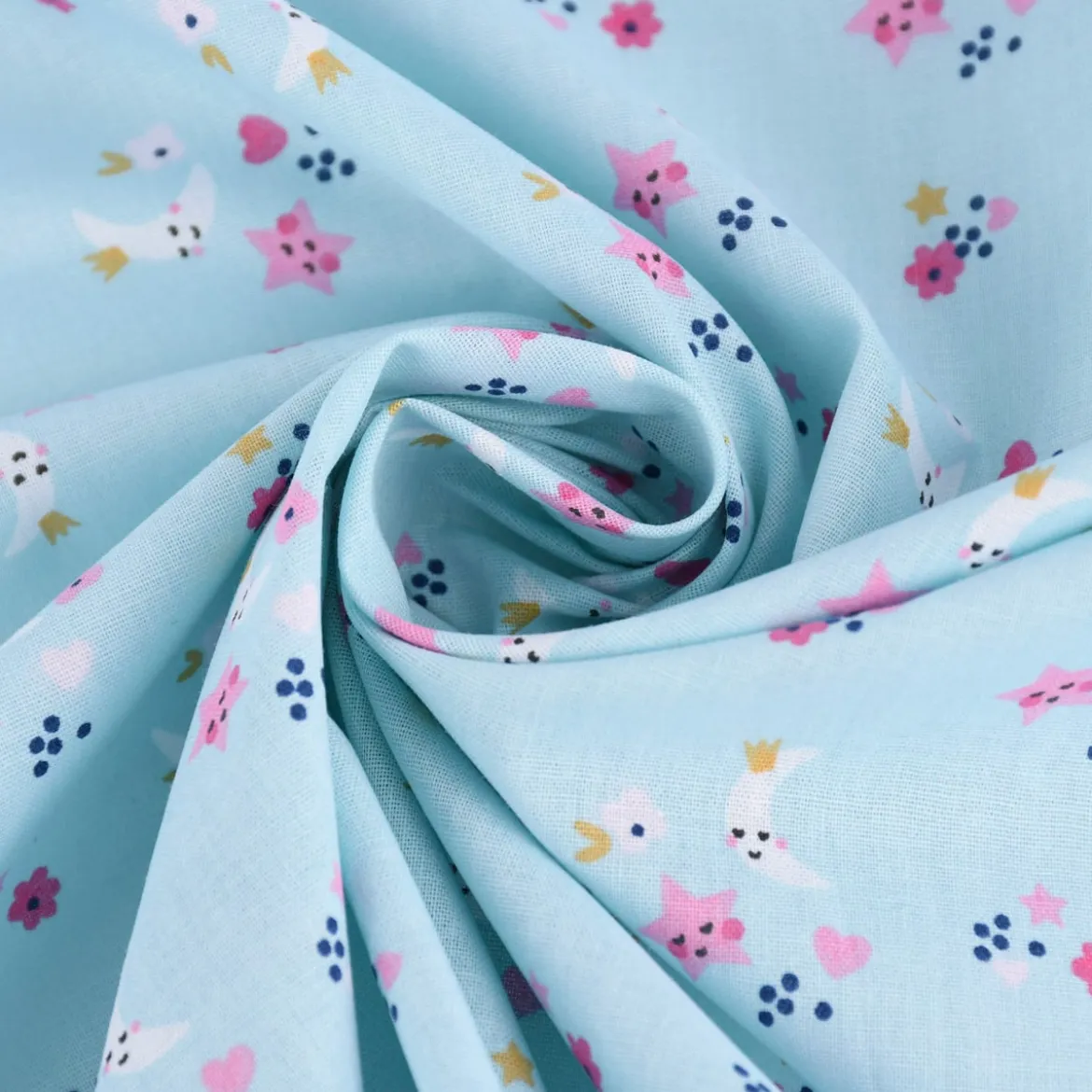 Baumwollstoff SINS Mond Sterne Blümchen blau rosa weiß ocker 1,50m Breite