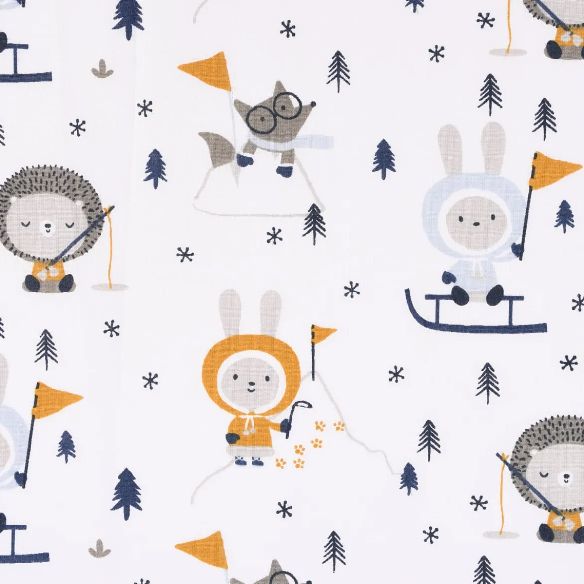 Baumwollstoff SKIMO Eskimo Hase Igel Schlitten Bäume weiß blau grau ocker 1,50m Breite