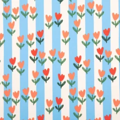 Baumwollstoff Streifen Tulpen blau ecru rot 1,47m Breite