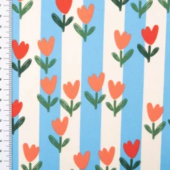 Baumwollstoff Streifen Tulpen blau ecru rot 1,47m Breite