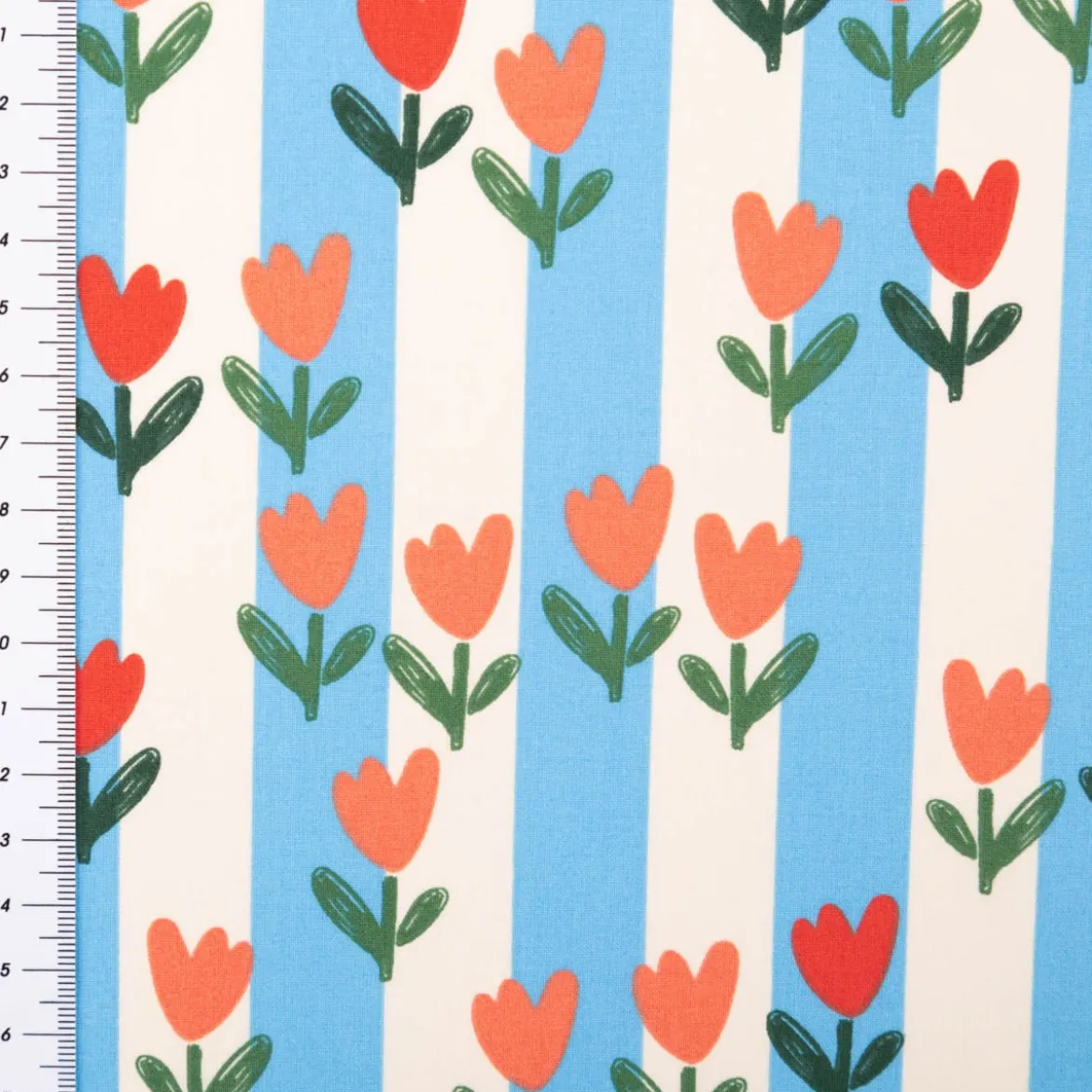 Baumwollstoff Streifen Tulpen blau ecru rot 1,47m Breite
