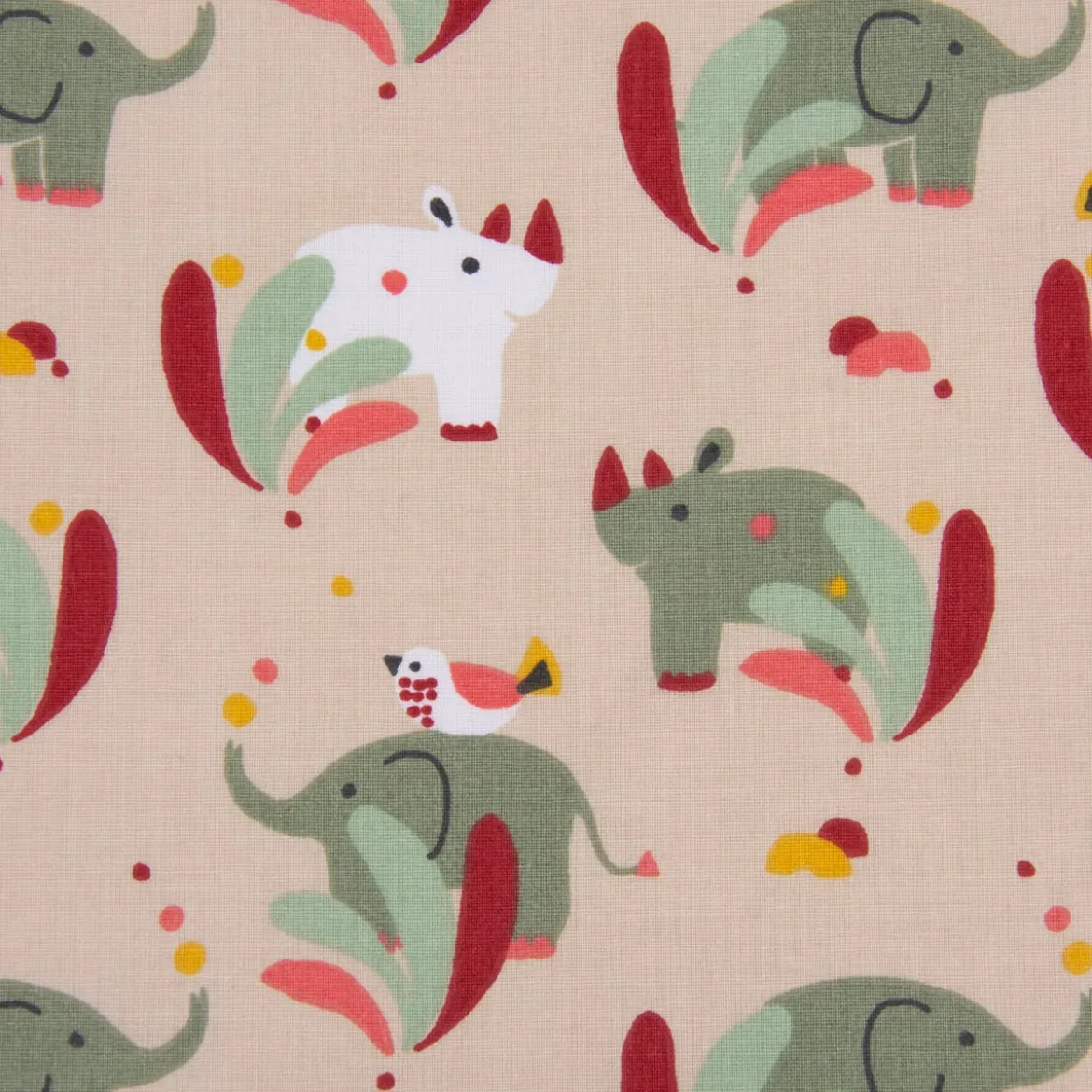 Baumwollstoff SUNDARA Elefant Nashorn Vogel hellbraun bunt 1,5m Breite
