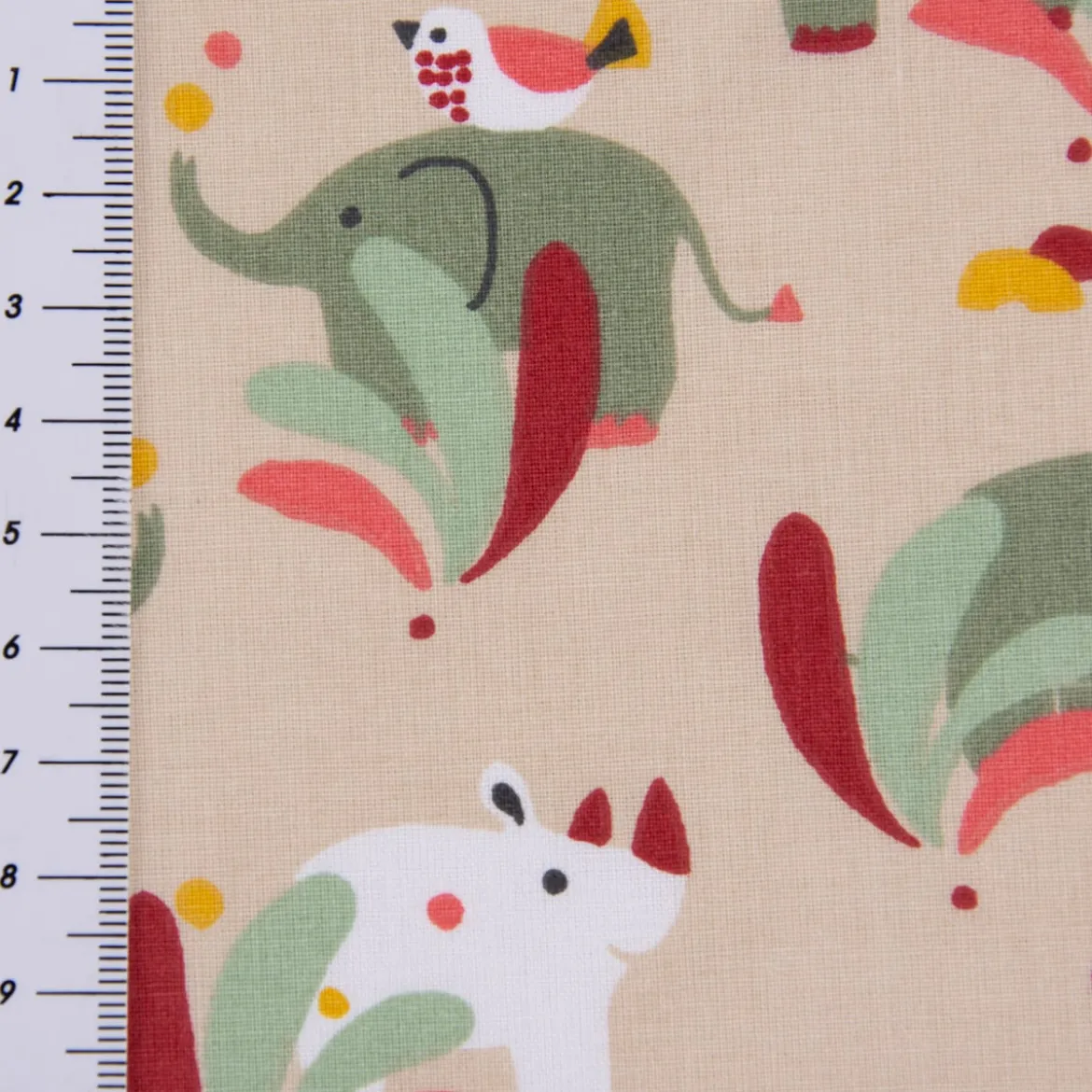 Baumwollstoff SUNDARA Elefant Nashorn Vogel hellbraun bunt 1,5m Breite