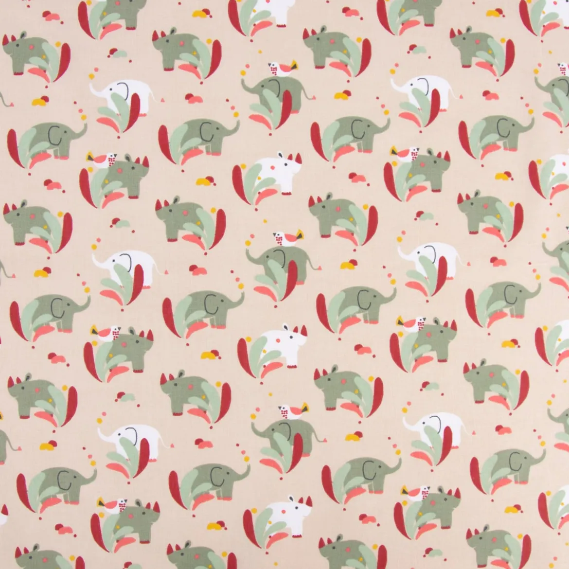 Baumwollstoff SUNDARA Elefant Nashorn Vogel hellbraun bunt 1,5m Breite
