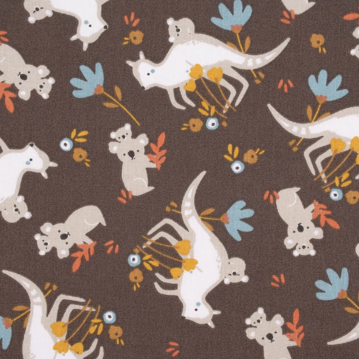 Baumwollstoff TJAMPI Känguru Koalas Blumen Blätter braun weiß grau ocker blau rost 1,5m Breite