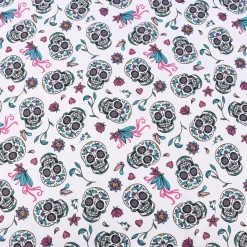 Baumwollstoff Totenköpfe Blumen Blätter weiß pink türkis 1,5m Breite