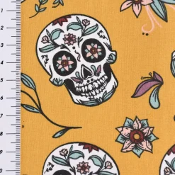 Baumwollstoff Totenköpfe Blumen Blätter senfgelb mint rosa lila 1,5m Breite