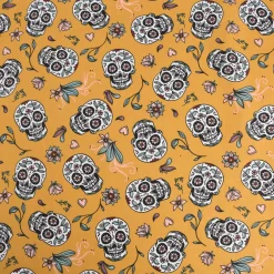 Baumwollstoff Totenköpfe Blumen Blätter senfgelb mint rosa lila 1,5m Breite