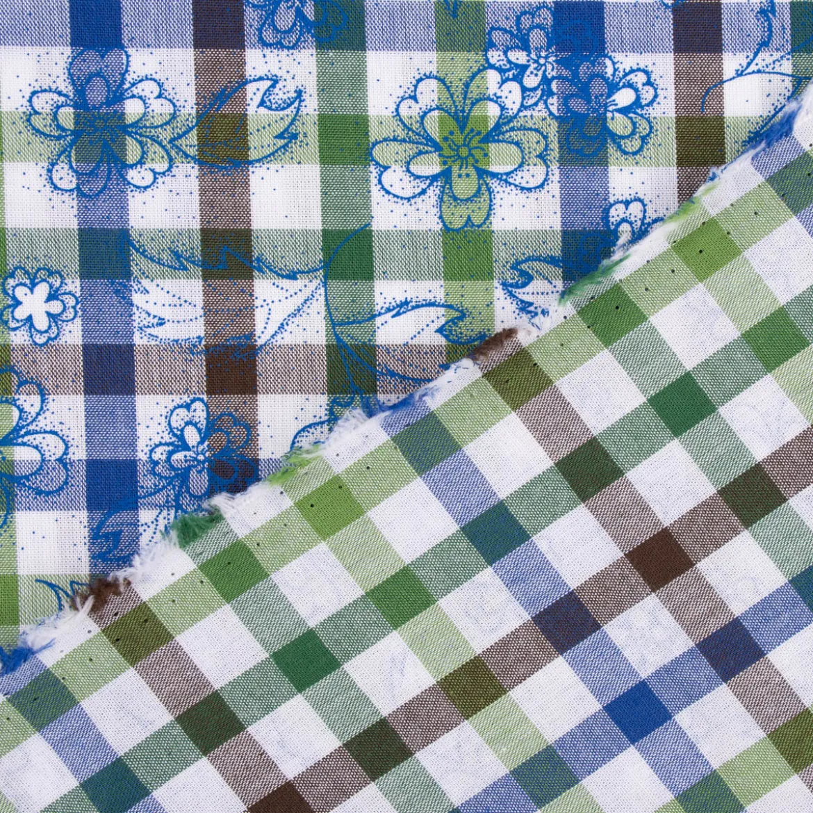 Baumwollstoff Trachten Blätter Kariert mit Blätter Blumen weiß grün braun blau 1,50m Breite