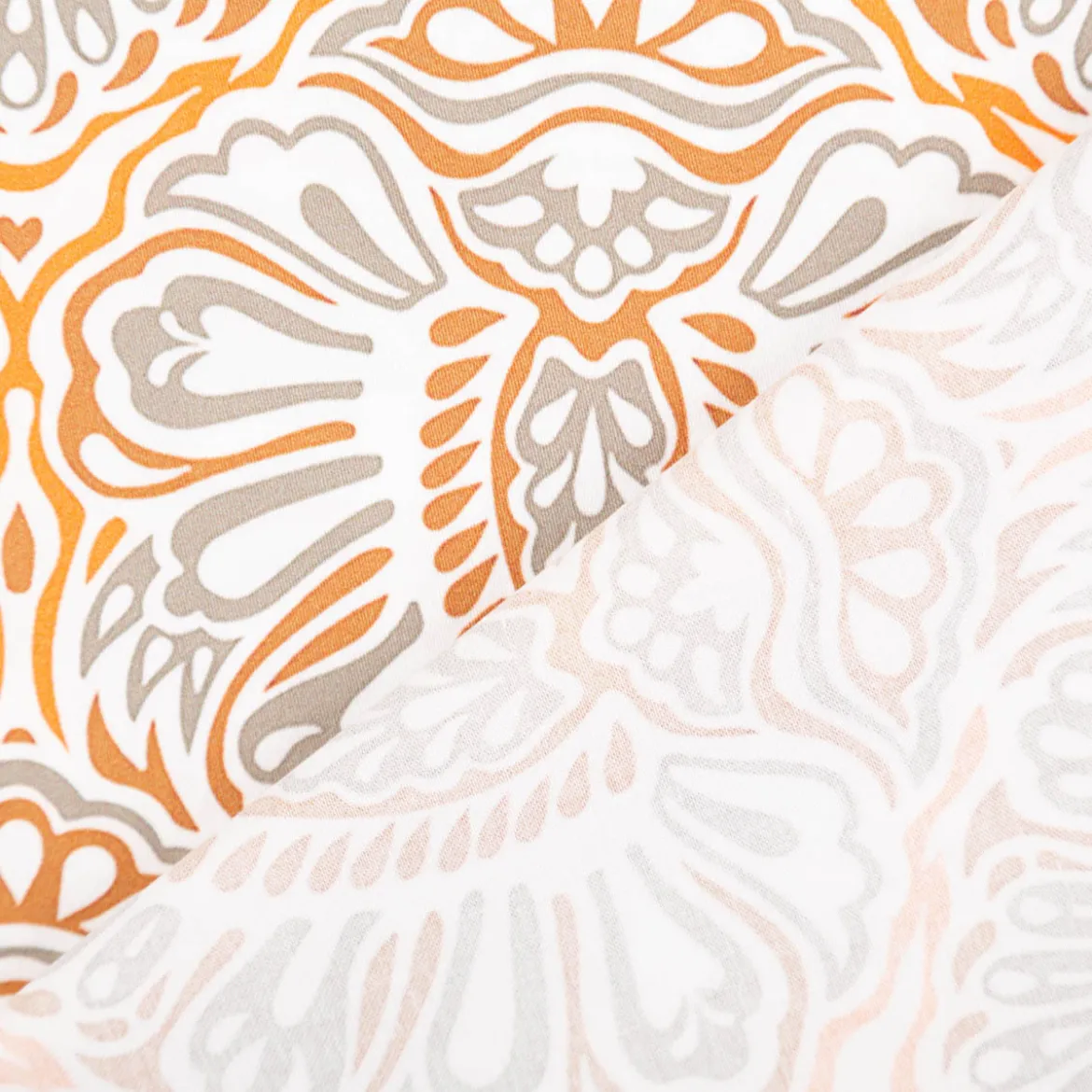 Baumwollstoff Trachtenstoff Ornamente weiß orange khaki feinfädig und seidig glatt 1,40m Breite