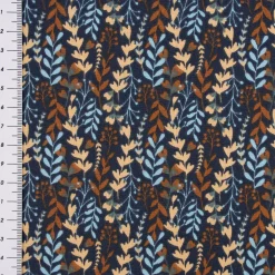 Baumwollstoff Webware Feia Blätter Ranken blau rost beige 1,47m Breite