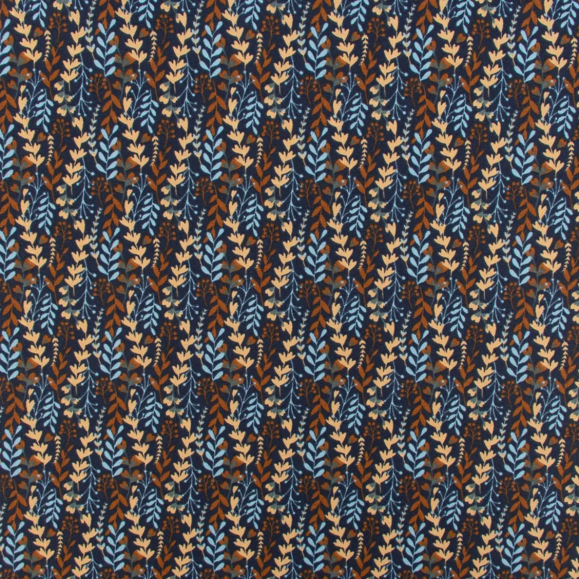 Baumwollstoff Webware Feia Blätter Ranken blau rost beige 1,47m Breite