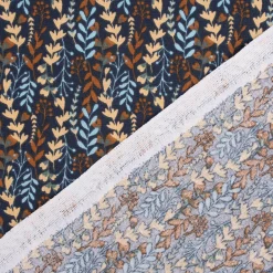Baumwollstoff Webware Feia Blätter Ranken blau rost beige 1,47m Breite