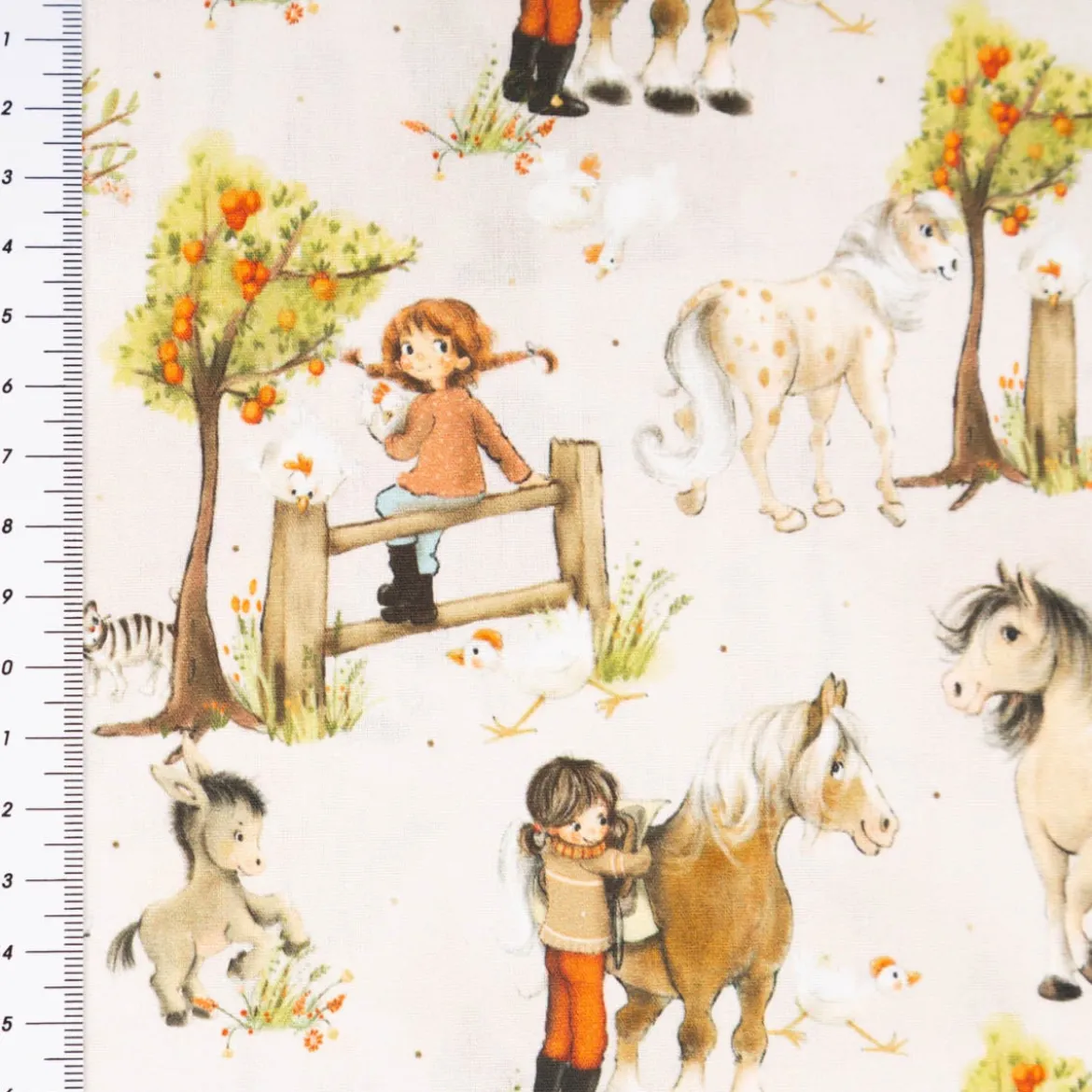 Baumwollstoff Webware Uppsala Pferde Freunde hellbeige bunt von Swafing 1,47m Breite