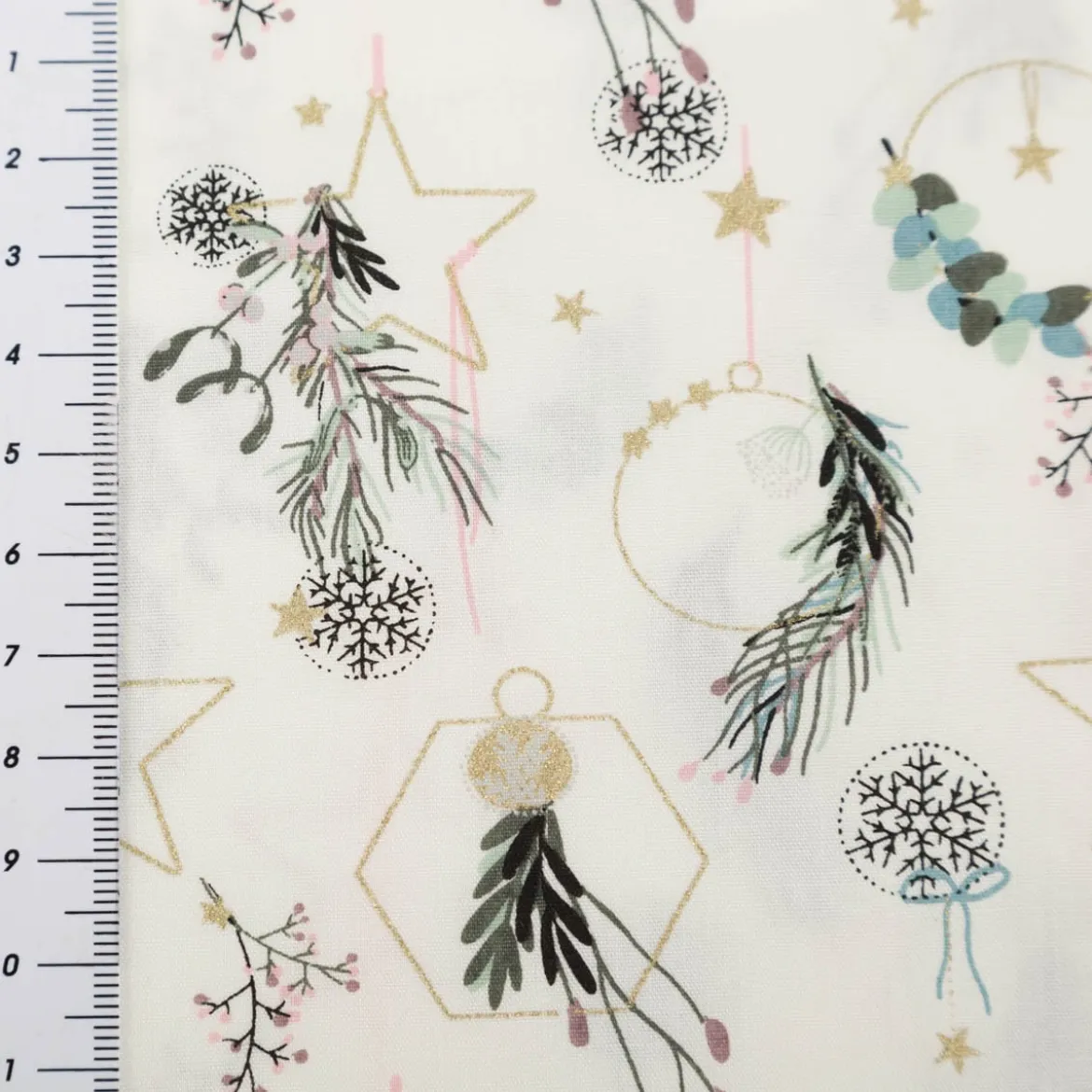 Baumwollstoff Webware Weihnachten Deko Hänger Sterne Kugeln wollweiß goldfarbig 1,45m Breite