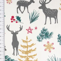 Baumwollstoff Weihnachtsstoff Aggrim Hirsche Tannen ecru grün rot 1,47m Breite