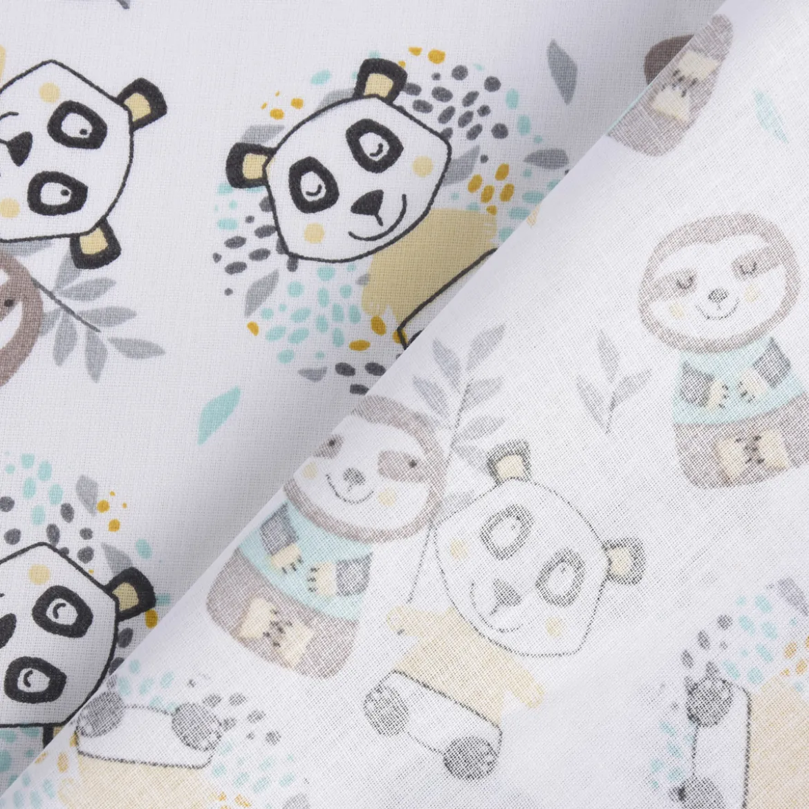 Baumwollstoff WONI Panda Faultier weiß braun türkis gelb grau 1,5m Breite