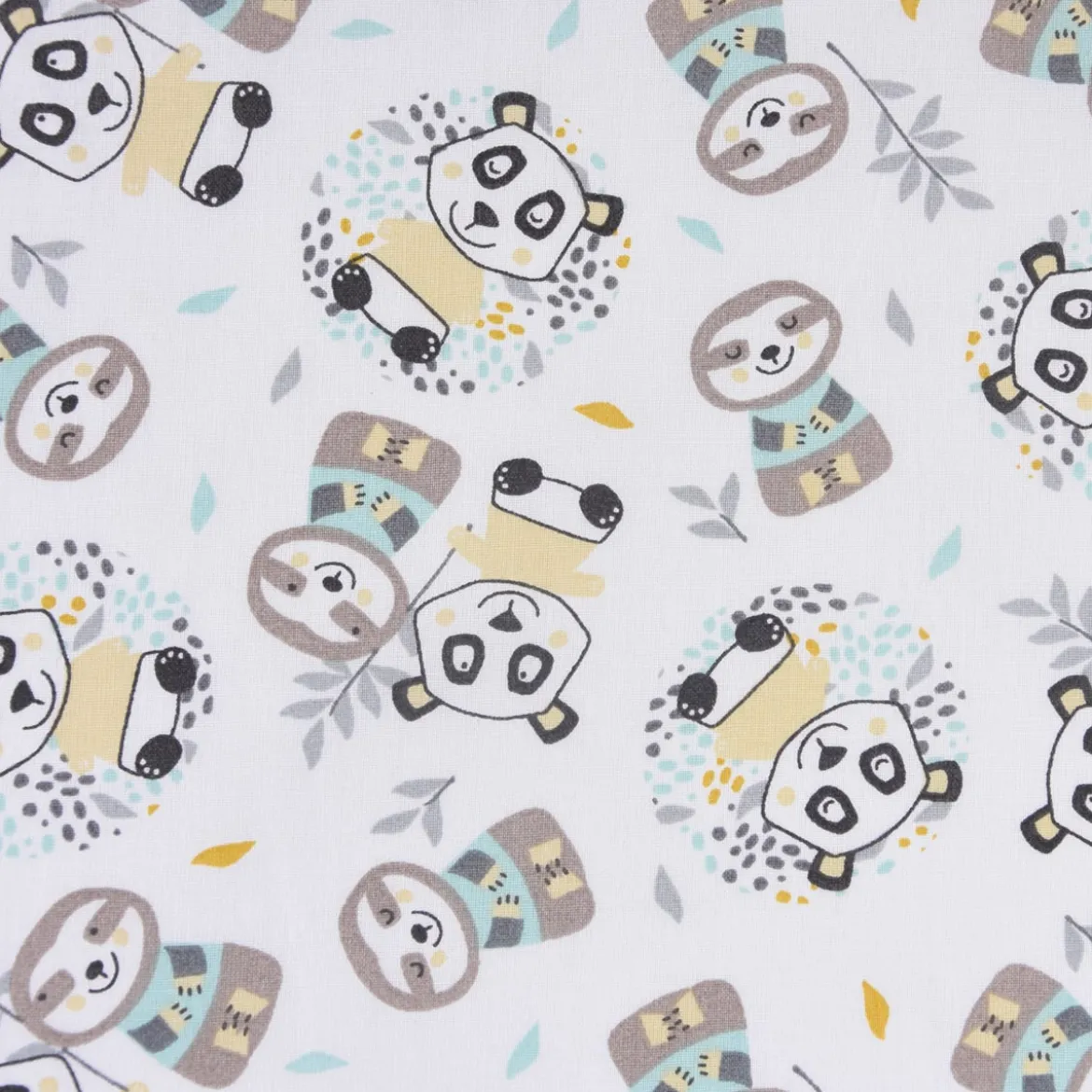 Baumwollstoff WONI Panda Faultier weiß braun türkis gelb grau 1,5m Breite