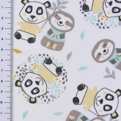 Baumwollstoff WONI Panda Faultier weiß braun türkis gelb grau 1,5m Breite
