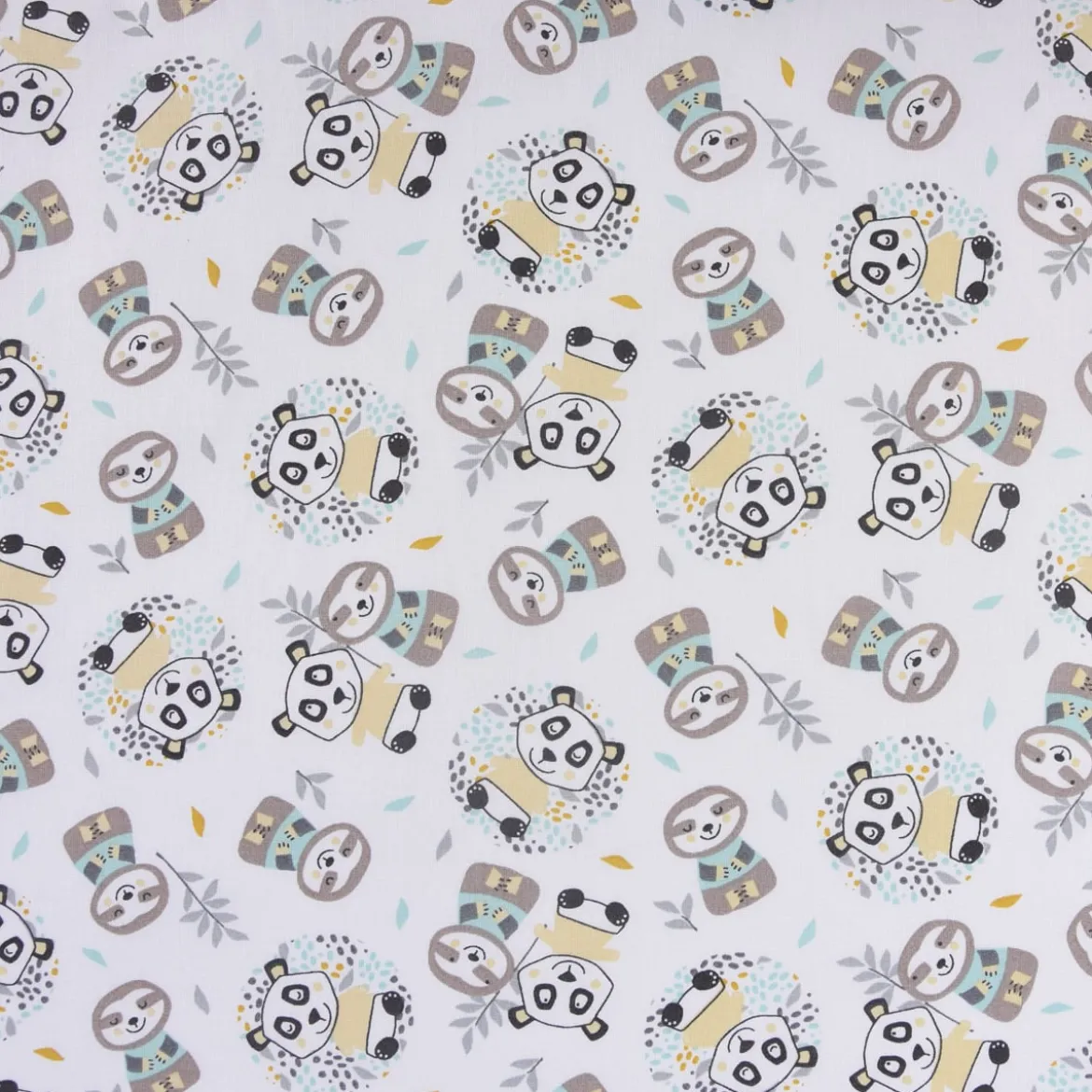 Baumwollstoff WONI Panda Faultier weiß braun türkis gelb grau 1,5m Breite