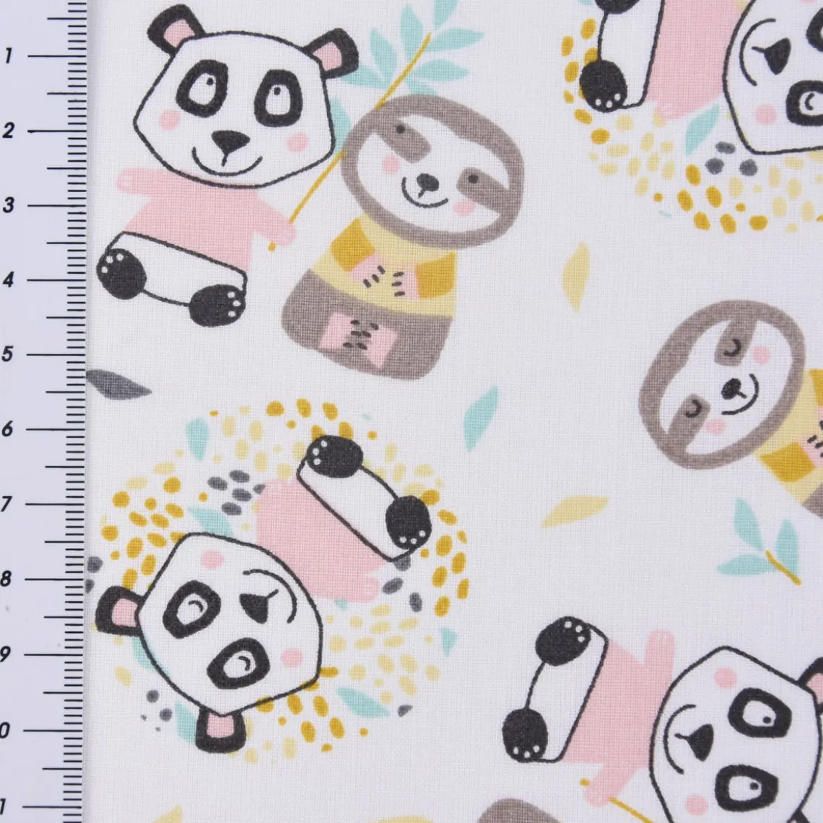 Baumwollstoff WONI Panda Faultier weiß braun rosa türkis gelb grau 1,5m Breite