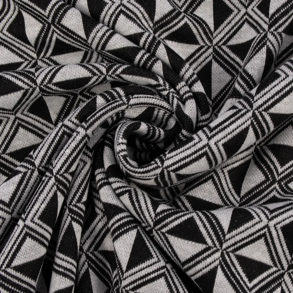 Bekleidungsstoff Viskose Jacquard Dreiecke Rauten hellgrau schwarz 1,45m Breite