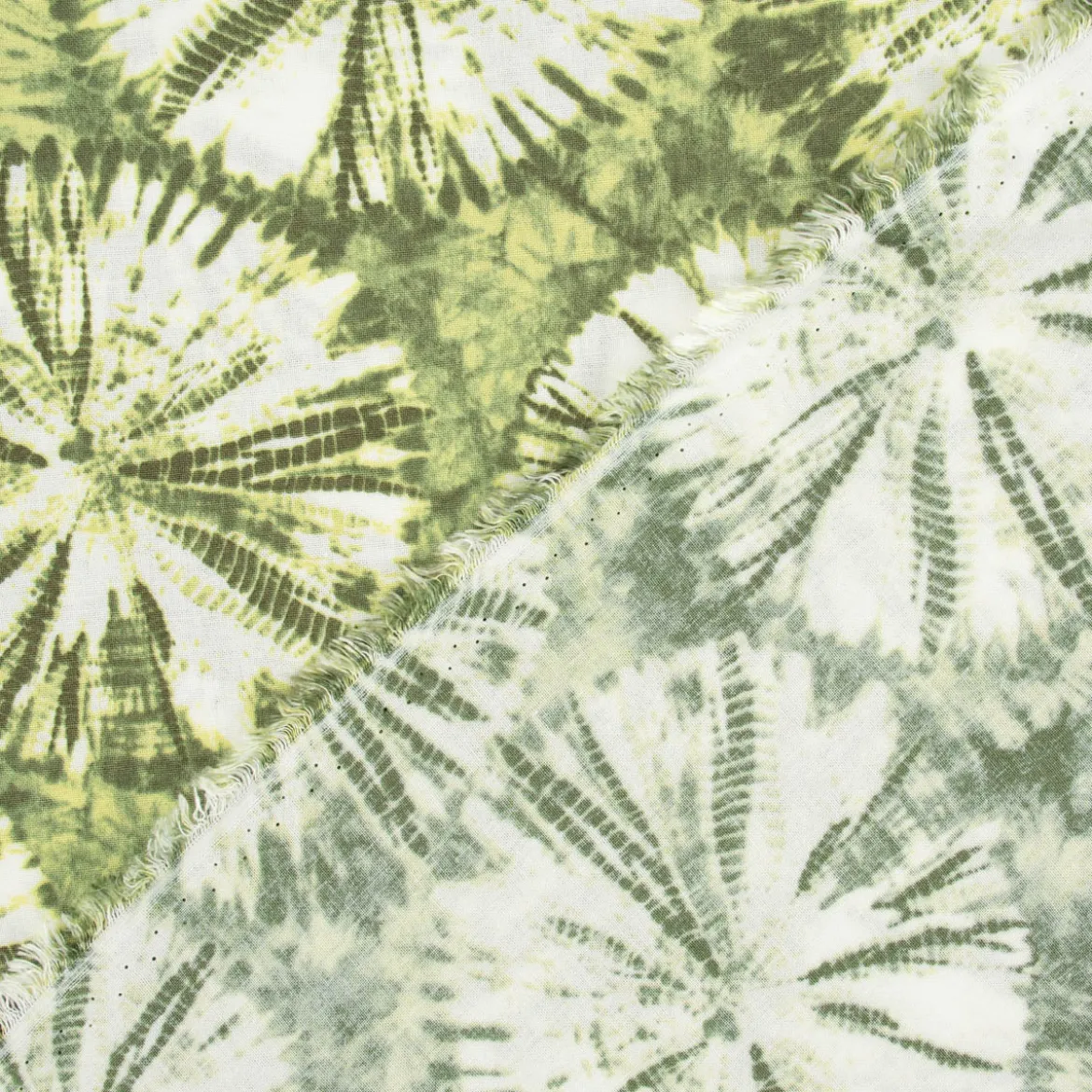 Bekleidungsstoff Viskose Leinenlook Tie Dye Batik Kreise grün weiß 1,35m Breite