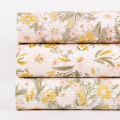 Bekleidungsstoff Waffelpique Digitaldruck Blumen Blätter altrosa senf grün 1,45m Breite