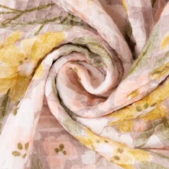 Bekleidungsstoff Waffelpique Digitaldruck Blumen Blätter altrosa senf grün 1,45m Breite
