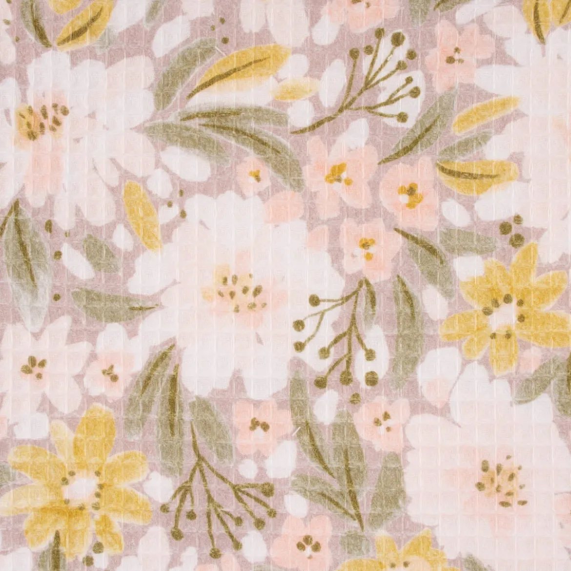 Bekleidungsstoff Waffelpique Digitaldruck Blumen Blätter altrosa senf grün 1,45m Breite