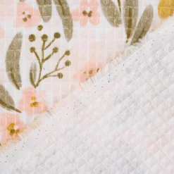Bekleidungsstoff Waffelpique Digitaldruck Blumen Blätter weiß rosa senf grün 1,45m Breite