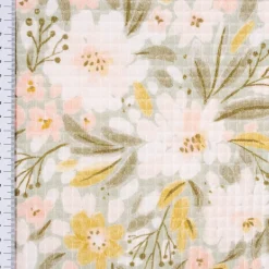 Bekleidungsstoff Waffelpique Digitaldruck Blumen Blätter altgrün rosa senf 1,45m Breite