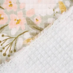 Bekleidungsstoff Waffelpique Digitaldruck Blumen Blätter altgrün rosa senf 1,45m Breite