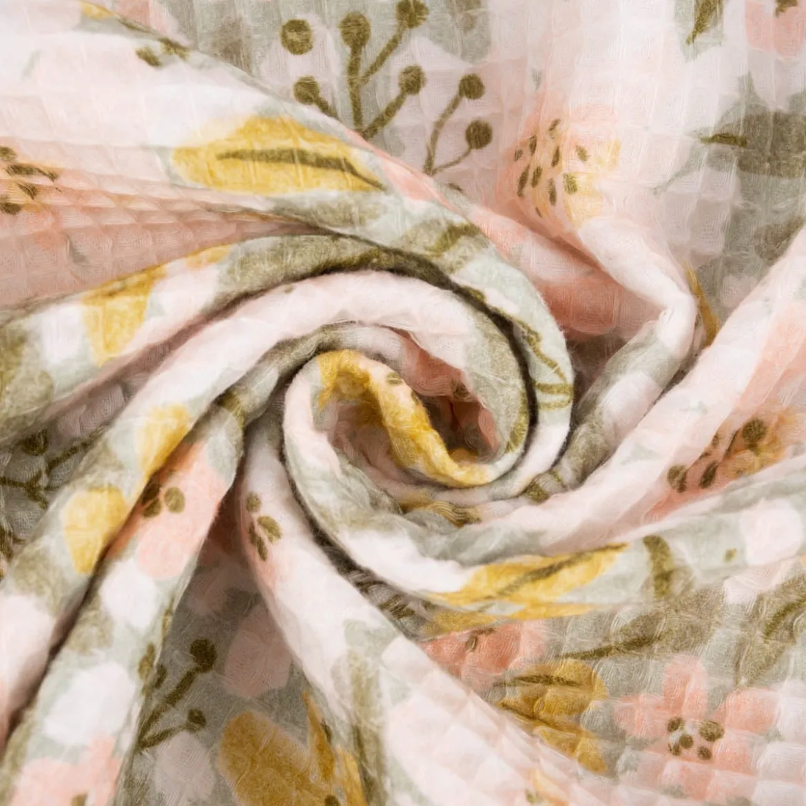Bekleidungsstoff Waffelpique Digitaldruck Blumen Blätter altgrün rosa senf 1,45m Breite