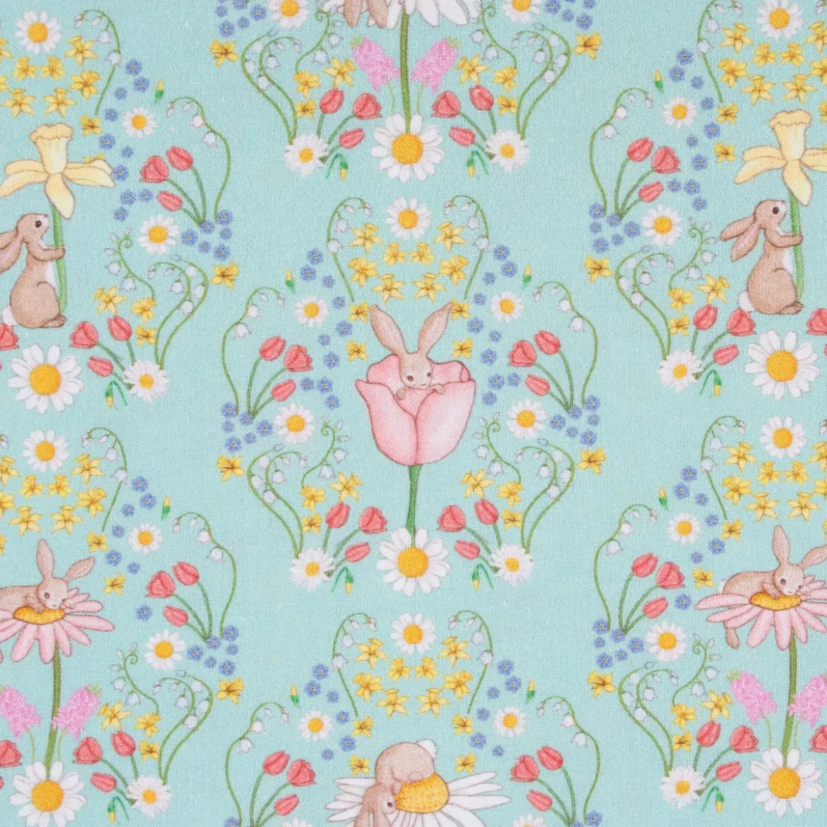 Belle & Boo Bio Baumwollstoff Popeline Bunny Damask türkis rosa weiß 1,46m Breite