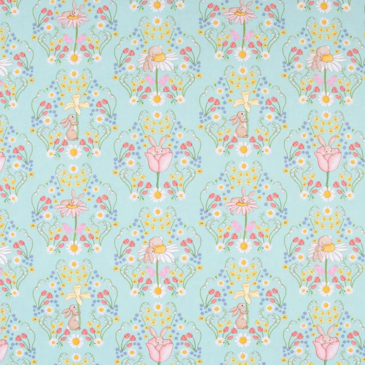Belle & Boo Bio Baumwollstoff Popeline Bunny Damask türkis rosa weiß 1,46m Breite