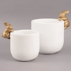 Übertopf mit Hase Zement weiß goldfarbig 14x19cm