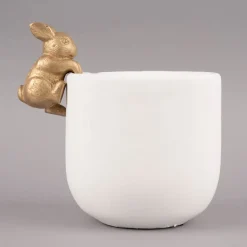 Übertopf mit Hase Zement weiß goldfarbig 14x19cm
